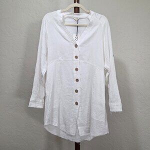 White Button-Front Tunic With Frayed Hem